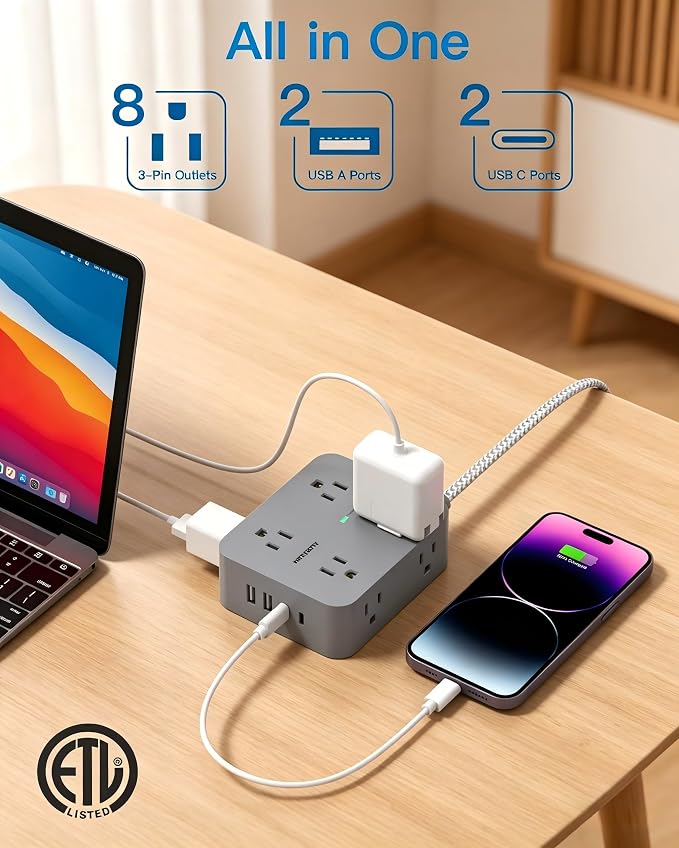 HANYCONY Surge Protector Power Strip, 5 Ft Braided Extension Cord | 8 Outlets 4 - Image 3