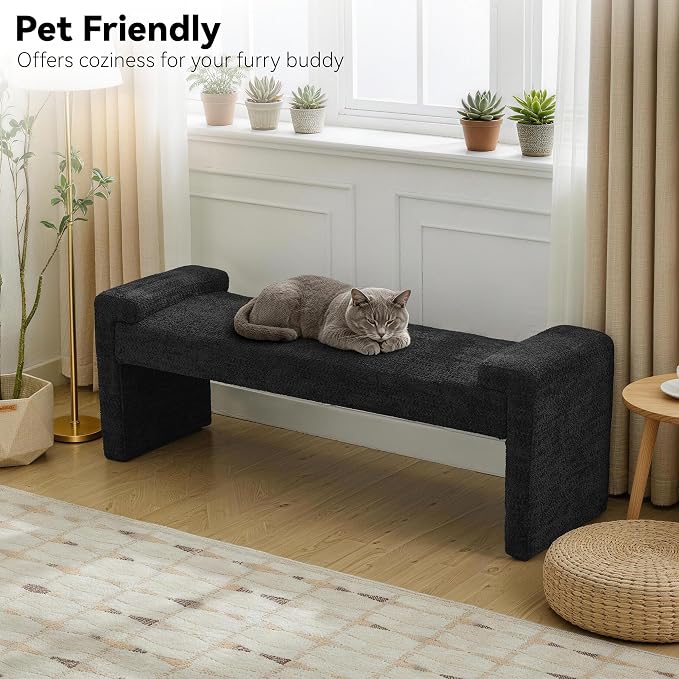 Upholstered Entryway Bench, 58.7" Modern Bedroom Bench, Curved Armrests - Image 7