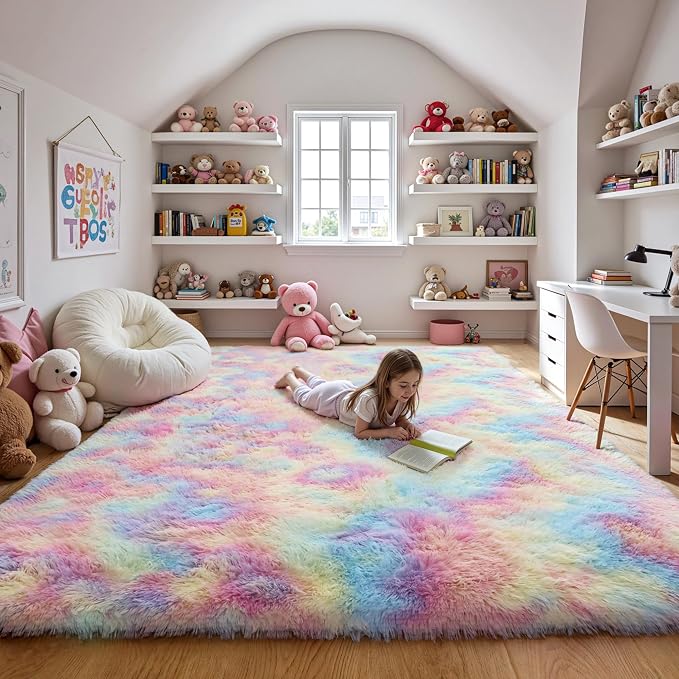 Rainbow Fluffy 9x12 Area Rug Soft Washable Shag Carpet by KICHOWUA