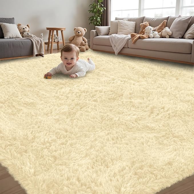 8x10 Area Rug for Living Room, Cream White Fluffy Shag Non-Slip Bedroom Rugs | - Image 3