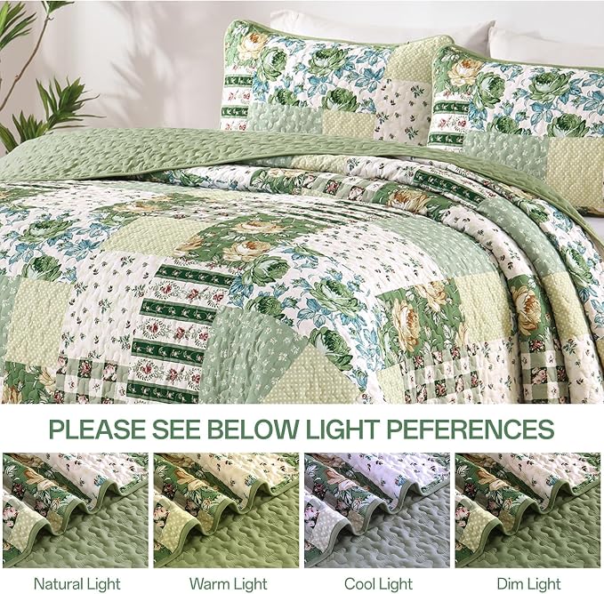 Anibedding Patchwork Quilt Set King Size, Sage Green Floral Plaid Bedspread | 3 - Image 5