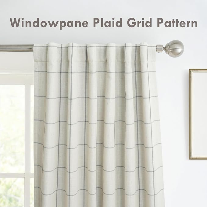 DriftAway 100% Blackout Plaid Linen Curtains 90 Inches Long 2 Panels Gray | - Image 3