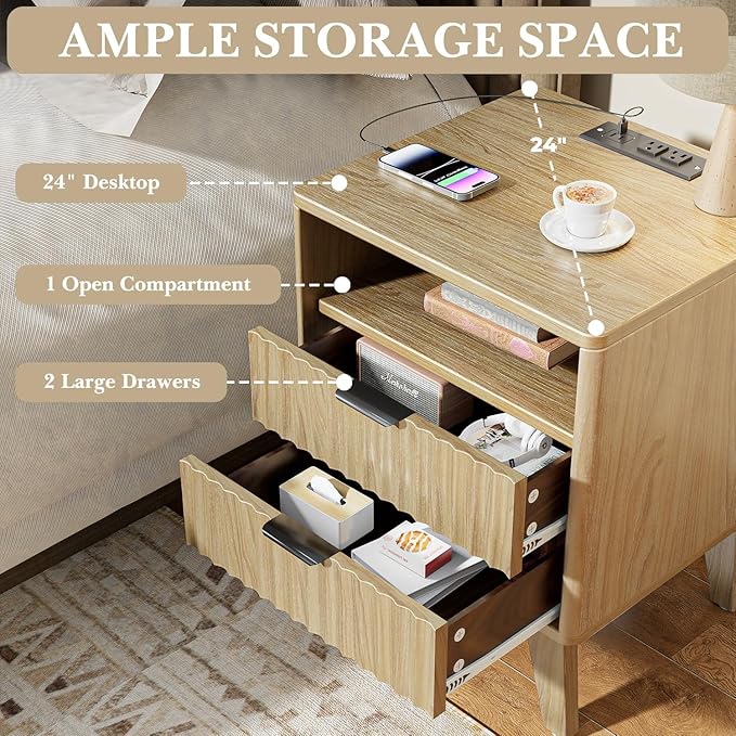 Nightstand Set of 2 with Charging Station, Modern Fluted 2 Drawer End Tables with Storage Shelf, Natural Oak Bedside Tables for Bedroom & Office