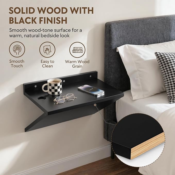 Floating Nightstand Set of 2 Black Wood Bedside Table Wall Mounted | Z-Shape - Image 4