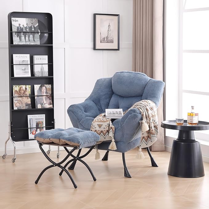 Lazy Chair with Ottoman, Comfy Accent Reading Chair, Plush Blue | Foldable - Image 2