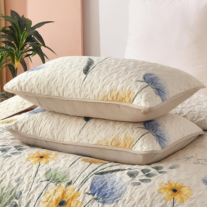 Dinjoy King Size Quilt Set, Floral Printed Bedspread Coverlet Set | Yellow Blue - Image 7