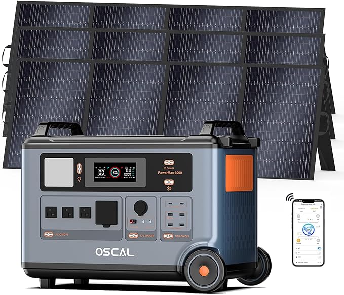 Oscal PowerMax 6000 Portable Power Station with 3x400W Solar Panel 3600Wh LiFePO4 Batteries, 6000W Output (9000W Peak), 5ms UPS, Solar Generator for Home, RVs, Emergencies, Power Outages