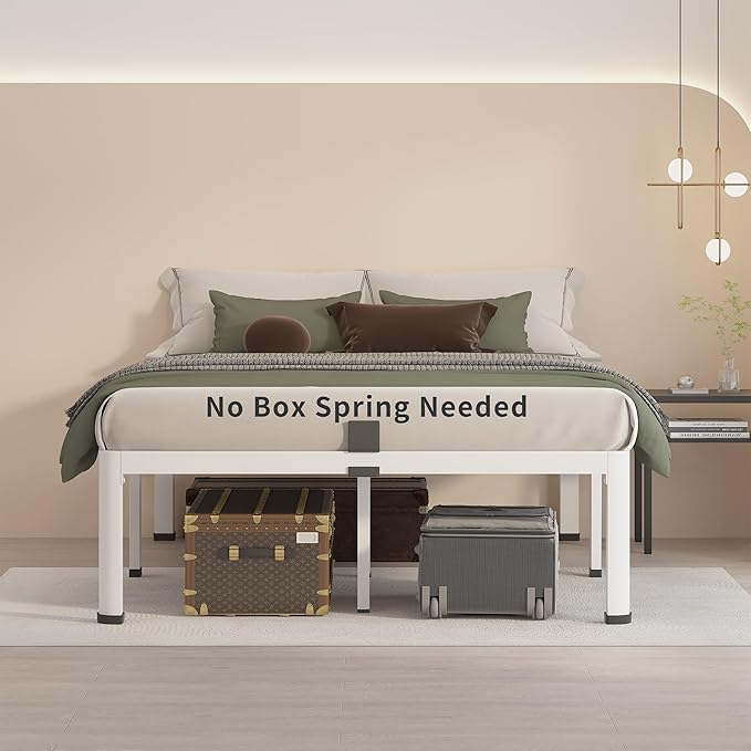 MAF 18 Inch Full Size Bed Frame White with Round Corner Legs Mattress Slide Stopper No Box Spring Needed Heavy Duty Metal Platform Bed Frames Under-Bed Storage Space, 3000 LBS Steel Slats Support