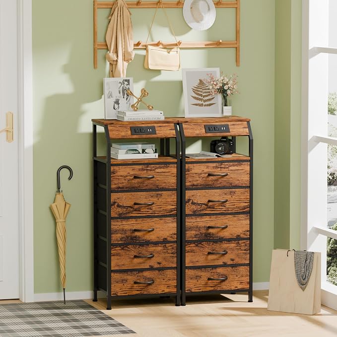 5 Drawers Dresser with Charging Station, Tall Nightstand, Fabric Chest of - Image 4
