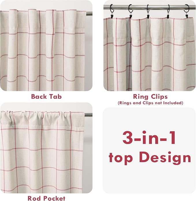 DriftAway 100% Blackout Plaid Linen Curtains 72 Inches Long 2 Panels Red | 100% - Image 6