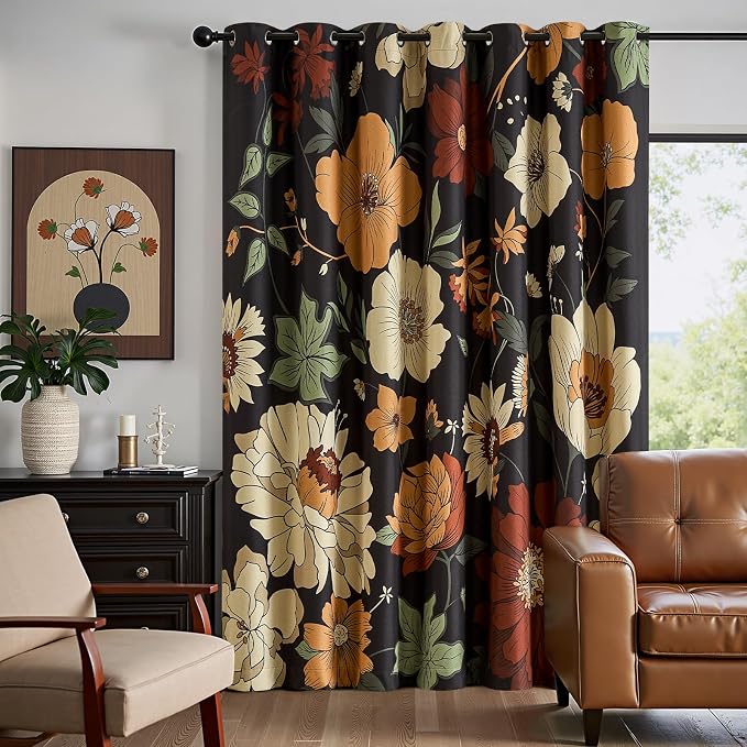 jinchan Black Boho Floral Blackout Curtains W100xL84 Grommet 1 Panel | Room - Image 8