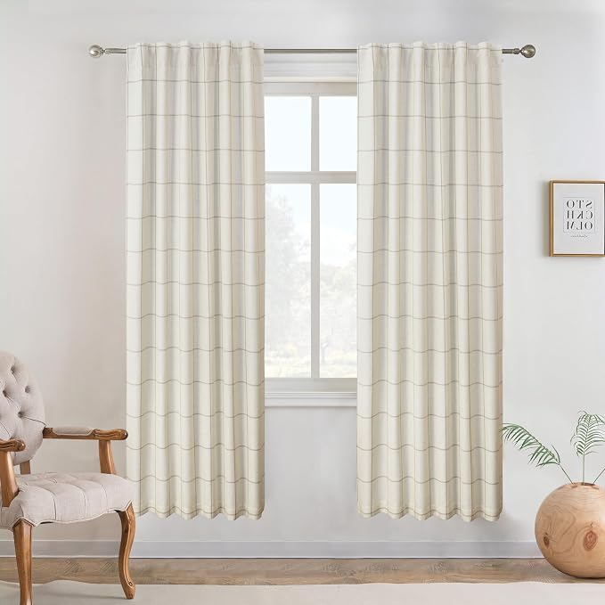 DriftAway 100% Blackout Plaid Linen Curtains 72 Inches Long 2 Panels Taupe | by DriftAway