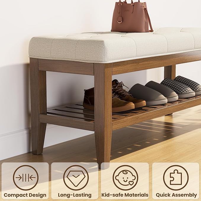 REONEY Bedroom Bench, Tufted Button Window Seat, - Image 4