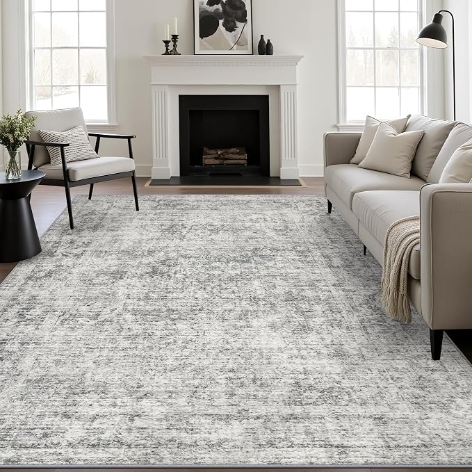 10x14 Area Rug Living Room: Modern Washable Soft Carpet Black Grey | by FXRHLP