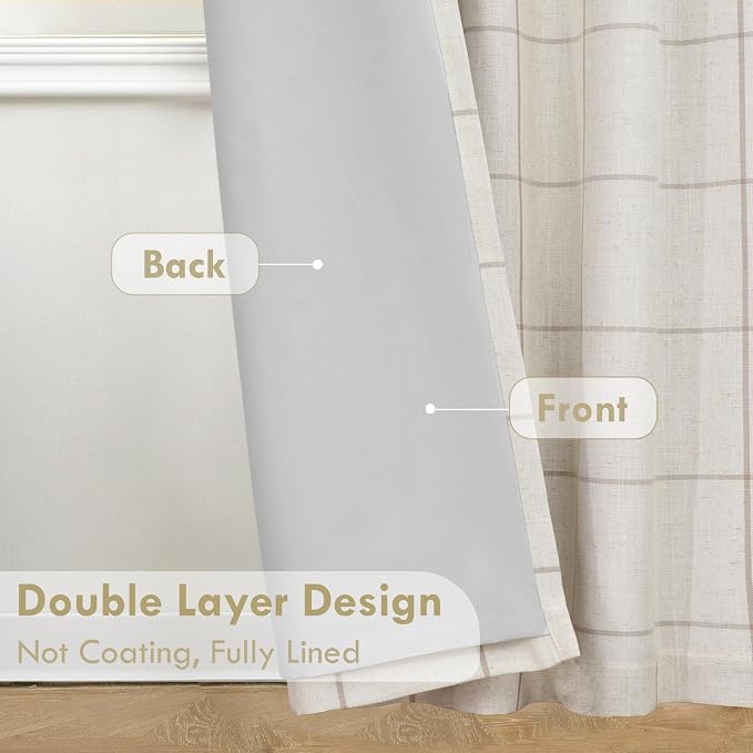 DriftAway 100% Blackout Plaid Linen Curtains 102 Inches Long 2 Panels Taupe | - Image 5