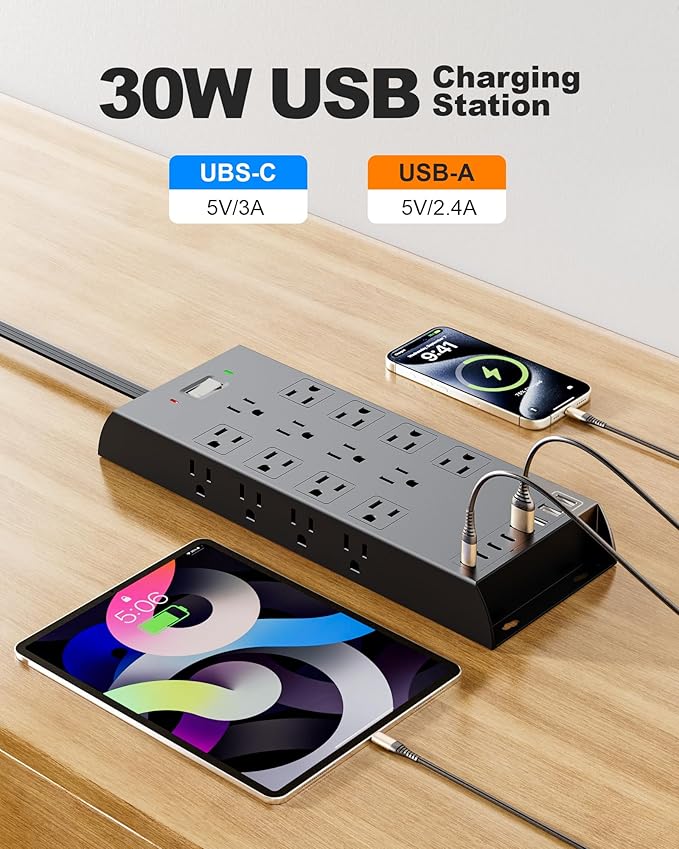 Surge Protector Power Strip 4800J, LeZone 10Ft Long Extension Cord Flat Plug, 20 Outlets 8 USB Ports(4 USB-C), Wall Mountable, Desk Charging Station, Black