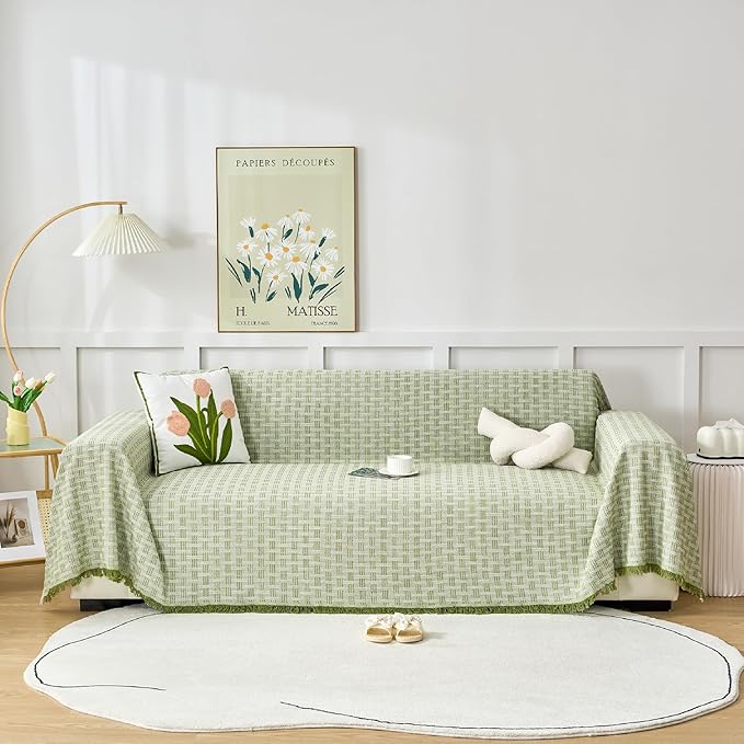 Green Couch Cover Blanket Cute Geometrical Jacquard Washable Sofa Cover for Extra Large Furniture for 3 Cushion Sofa L Shaped Sectional Couch Blanket 71"x 134"