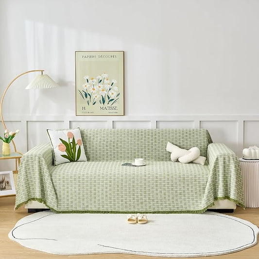 Green Couch Cover Blanket Cute Geometrical Jacquard Washable Sofa Cover for Extra Large Furniture for 3 Cushion Sofa L Shaped Sectional Couch Blanket 71"x 118"