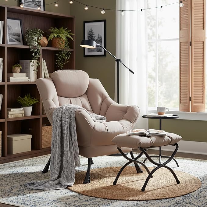 Welnow Lazy Chair with Ottoman, Reading Chair with Footrest，Khaki | A Side - Image 2