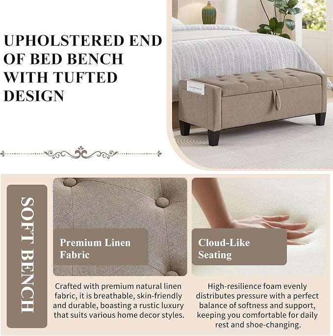 Modern Storage Ottoman Bench, Linen Upholstered End of Bed Bench - Image 4