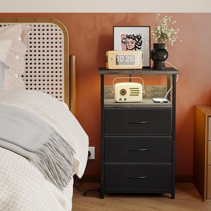 Fixwal Night Stand with 3 Fabric Drawers, Nightstand with Charging Station | - Image 8