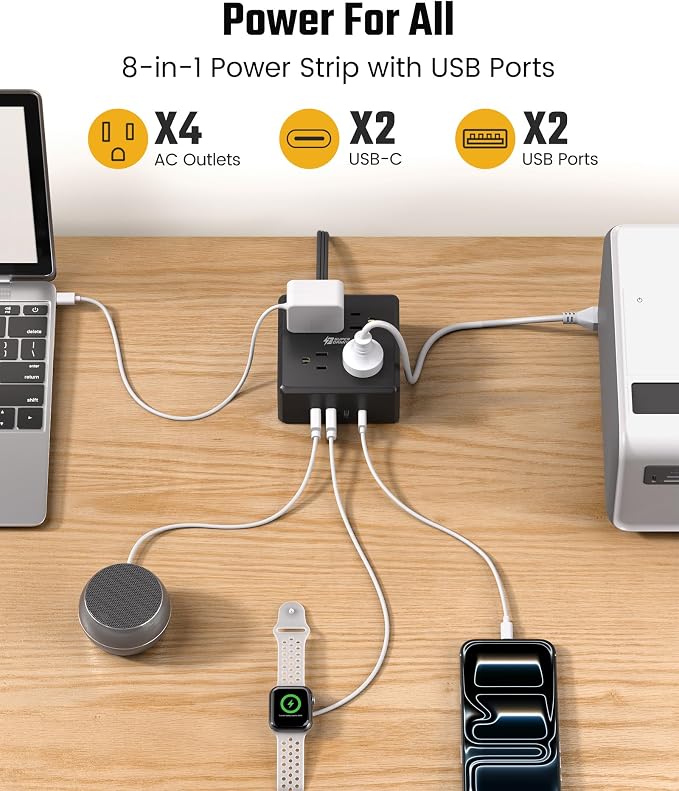 Power Strip, SUPERDANNY 4-Outlet 4-USB Surge Protector, 5 Ft Extension Cord - Image 2