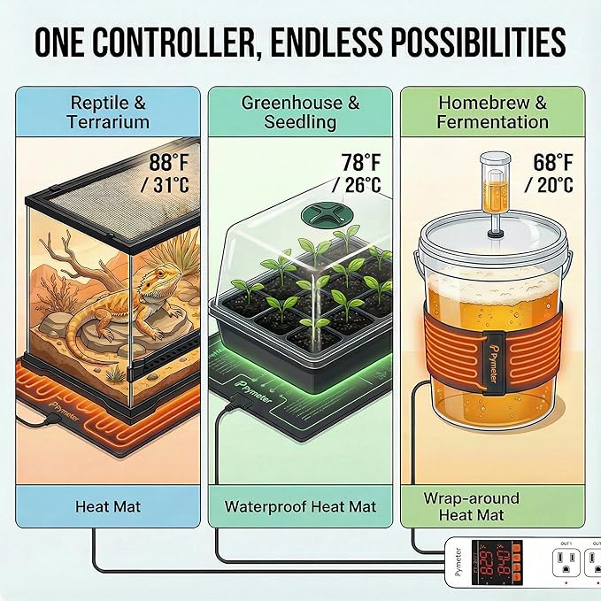 Pymeter Digital Temperature Controller Dual Probe Reptile Thermostat Controlled Outlet for Terrarium Heat Mat Heating Pad, Switch Cooling Fan Freezer Fridge ON & Off at Setpoints 10A 1200W