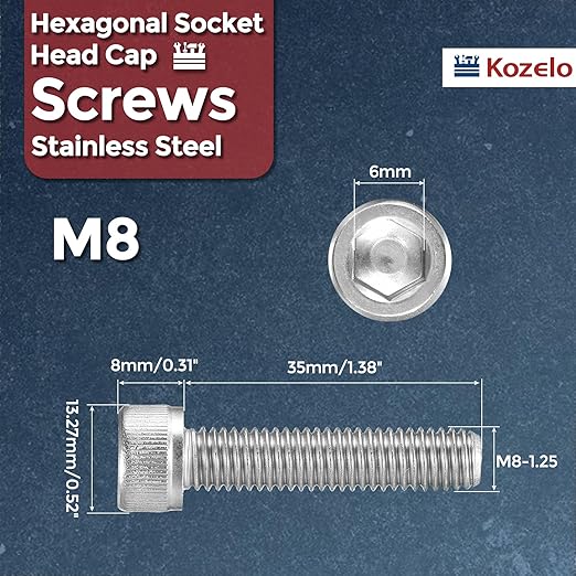 Kozelo 15pcs Socket Head Cap Screws - [M8-1.25 x 35mm] 304 Stainless Steel Allen Socket Drive for Electrical Motor 3D Printing Fan Engine Replacement Use, Silver