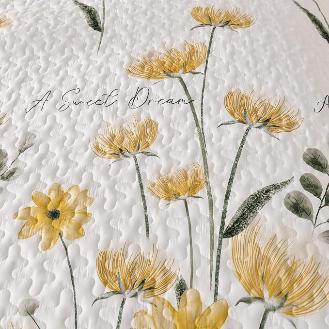 Dinjoy Floral Quilt Set California King, 3 Pieces Yellow Flower Bedspread | - Image 7