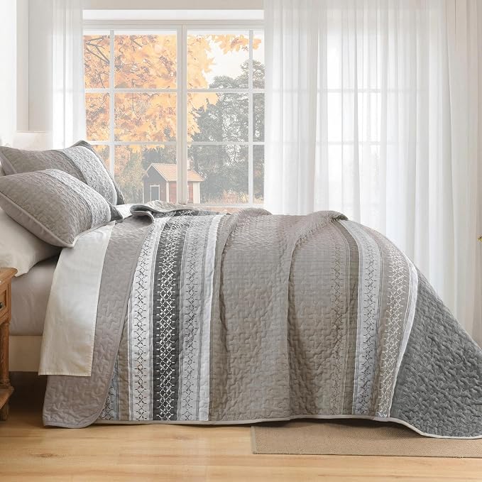 Cottolester Quilt Set Queen, Taupe Grey Striped Patchwork Bedspread | Modern - Image 7