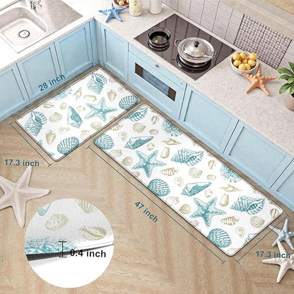 Kitchen Mats for Floor Cushioned Anti Fatigue Sets of 2 Beach Theme Kitchen Rugs Non Slip Waterproof Coastal Foam Kitchen Floor Rug Nautical Seashell Comfort Standing Mat for Sink Laundry, Teal