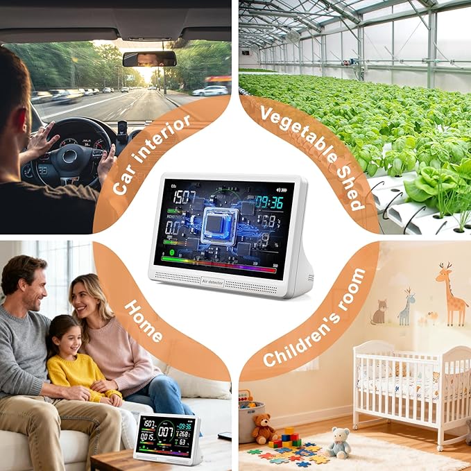 16 in 1 Air Quality Monitor Indoor 7" Display 9 AQI+7 AQI Alerts,Portable Air Quality Tester CO2, TVOC, PM2.5 PM1.0 PM10, HCHO Temperature Humidity AQI & Time Air Quality Meter for Home