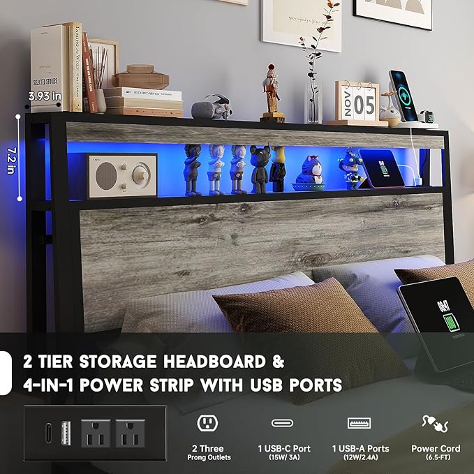 Queen Size Bed Frame with 4 Storage Drawers and Headboard with Charging Station and LED Lights,2 Tier Solid Wood Headboard Storage/Noise Free/No Box Spring Needed/Remote Control/Rustic Grey