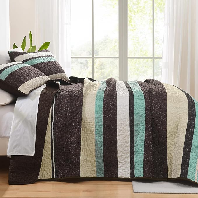 Dobuyly King Size Striped Quilt, Boho Brown Lightweight Bedspread Bedding | - Image 3