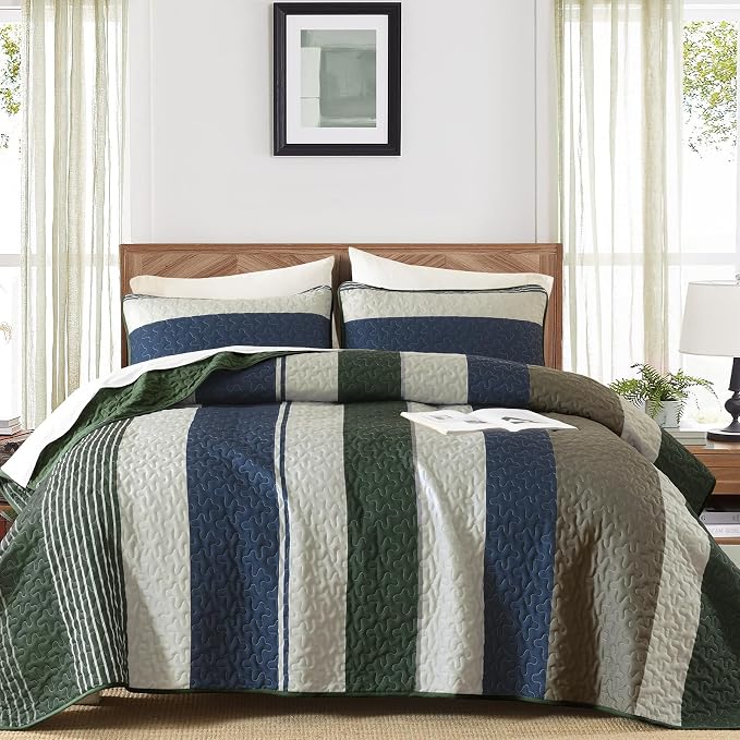 Dinjoy King Boho Striped Quilt Set, Breathable All-Season, 3-Piece Set Fits - Image 3
