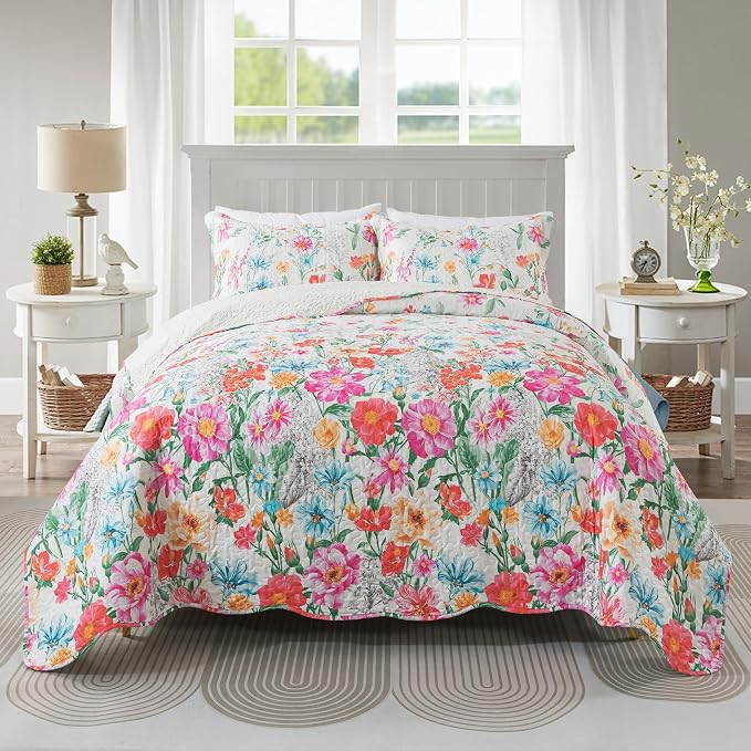 Floral Quilt Queen Quilt Set, Ultra Soft Reversible Queen Quilt Bedding Set - Image 3