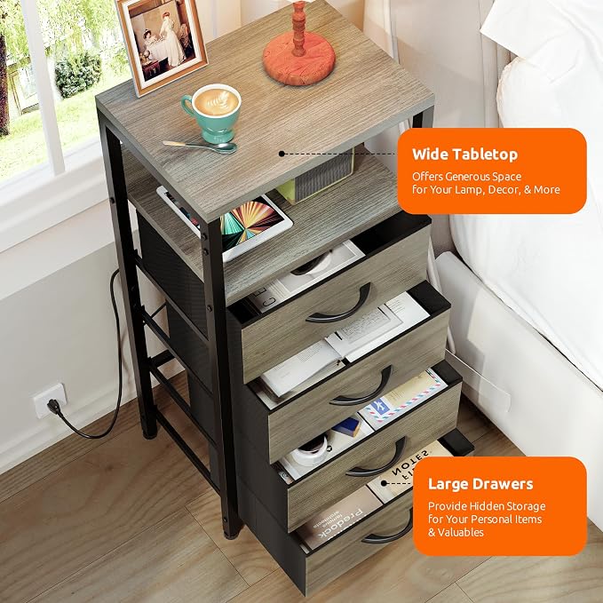 Lazzanto Night Stand with Charger Station, 4 Fabric Drawers, Bedside Table - Image 8