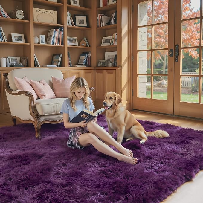 Area Rugs 9x12 Living Room, Grape Purple Large Shaggy Plush Carpet | Soft Furry - Image 8