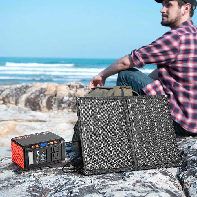Takki Solar Generator 120W Peak Portable Power Station with 21W Solar Panel 88.8Wh Battery Power Bank with 110V AC Outlet for Camping RV Tent Home Outages Emergency