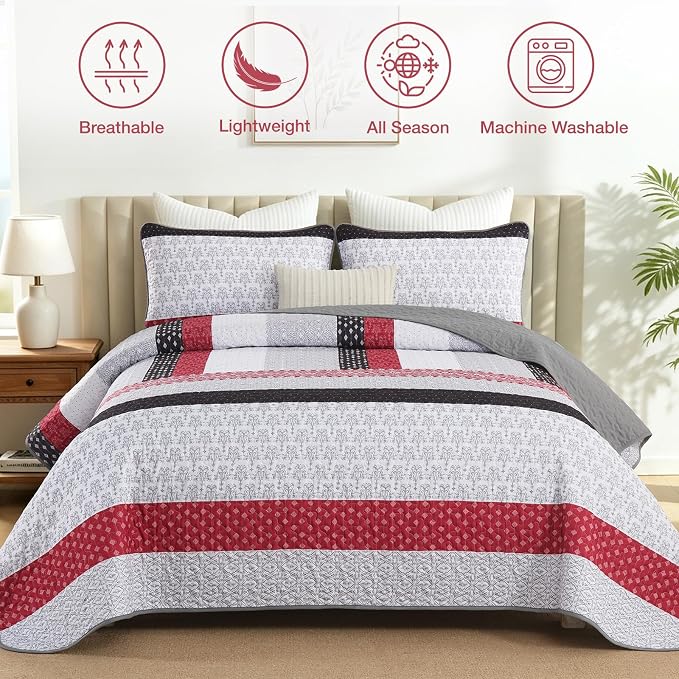 WONGS BEDDING Stripe Quilt Set King, Breathable All-Season Coverlet - Image 2