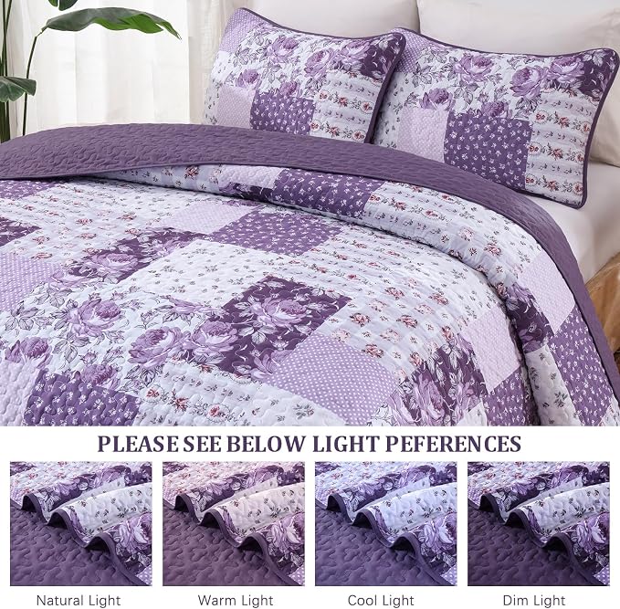 Anibedding Purple Patchwork Quilt Set King, Rose Floral Plaid Bedspread | - Image 8