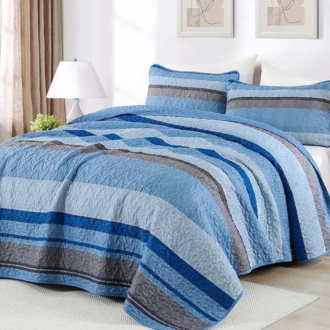 Dobuyly King Size Striped Quilt, Boho Blue Lightweight Bedspread Bedding | by Dobuyly