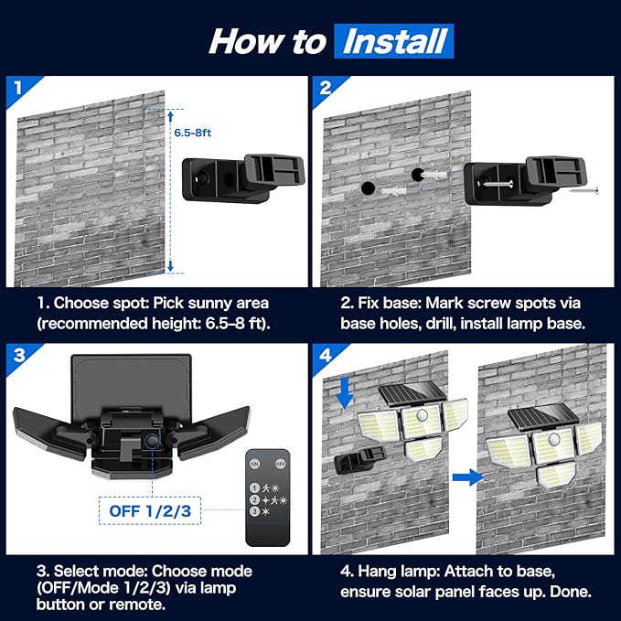 Adewalk 3000LM Solar Outdoor Lights - 2Packs 188 LED Security Lights with Remote Control, 4 Heads Motion Sensor Lights, IP65 Waterproof 270° Wide Angle Flood Wall Lights for Home Darkroom Backyard