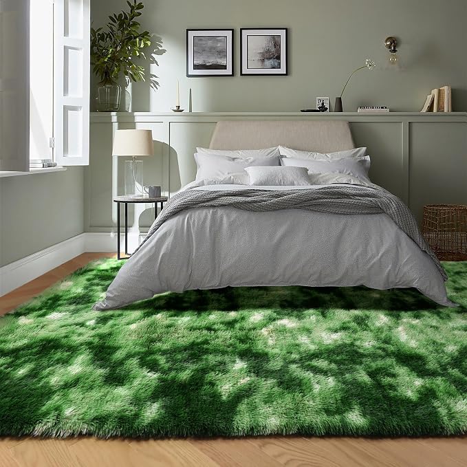 Fluffy Moss Green Rugs for Living Room 5x8, Modern Bedside Carpets, Plush - Image 5