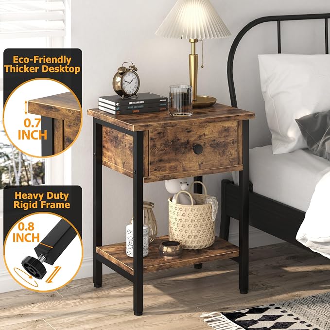 Nightstands Set of 2 with Wood Drawers, Bedside Table Set of 2 with Storage - Image 4