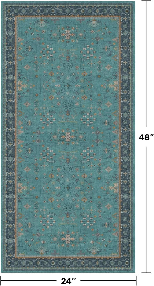 2x4 Washable Teal Throw Rugs for Entryway Indoor - Washable Non Slip Kitchen Rug, Boho Floral Small Carpet for Bathroom, Powder Room, Non Slip Low Pile Stain & Fade Resistant Indoor Décor