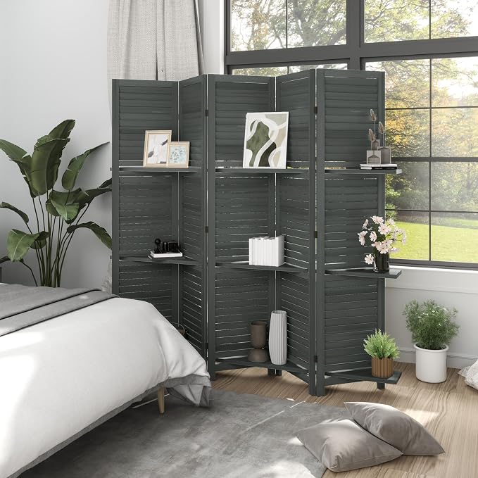 HOMCOM Room Divider with Shelves, 5 Panel, 3 Display Shelves, Folding Storage - Image 8
