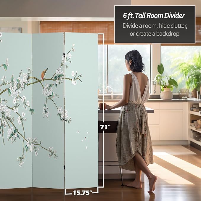 Red Lantern 6 ft. Tall Double Sided Birds and Plum Blossoms Canvas Room Divider - Image 5
