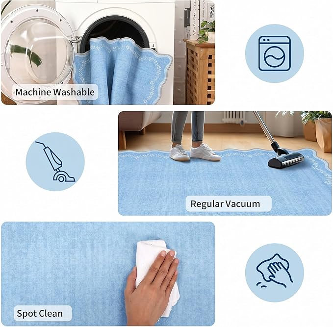 GarveeHome 4x6 Scalloped Washable Area Rug Blue Nursery Kids Bedroom Rug | Soft - Image 6