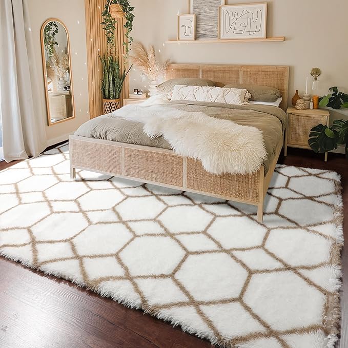 7x9 Area Rugs for Living Room Bedroom, Large Fluffy White and Beige Throw Rug - Image 6